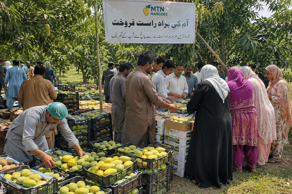 People buying fresh mangoes at a real mango farm in Pakistan