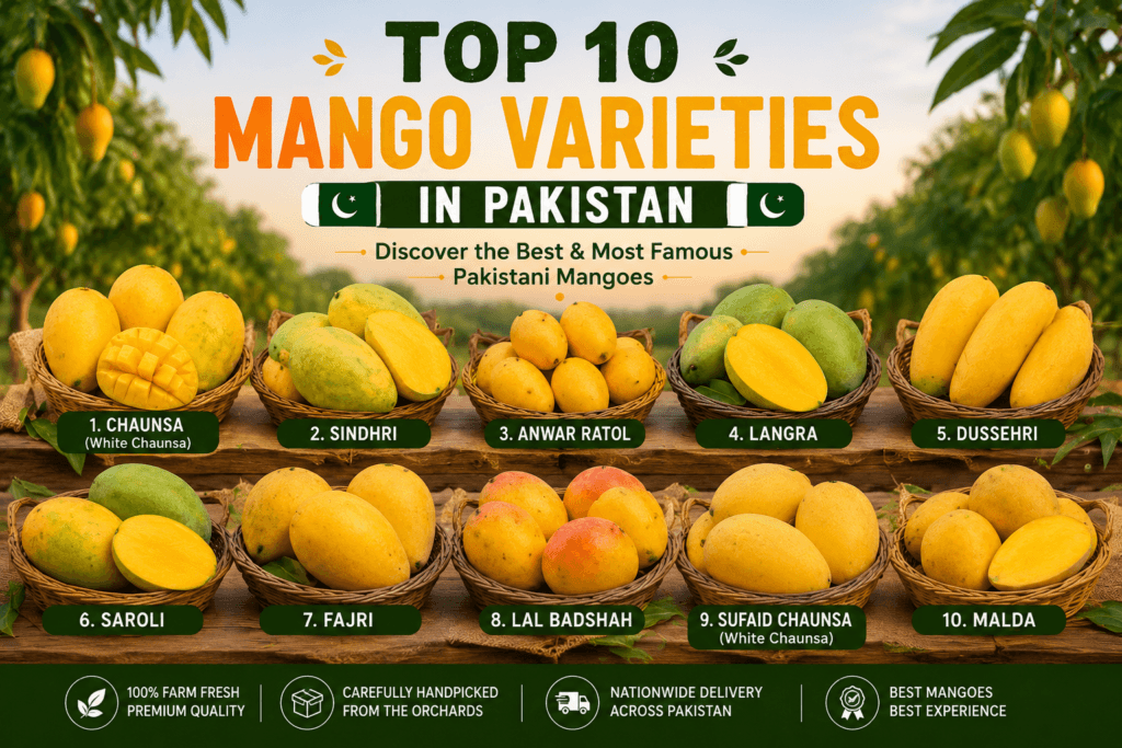Top 10 mango varieties in Pakistan displayed in a real mango farm orchard including Chaunsa Sindhri Anwar Ratol Langra and White Chaunsa